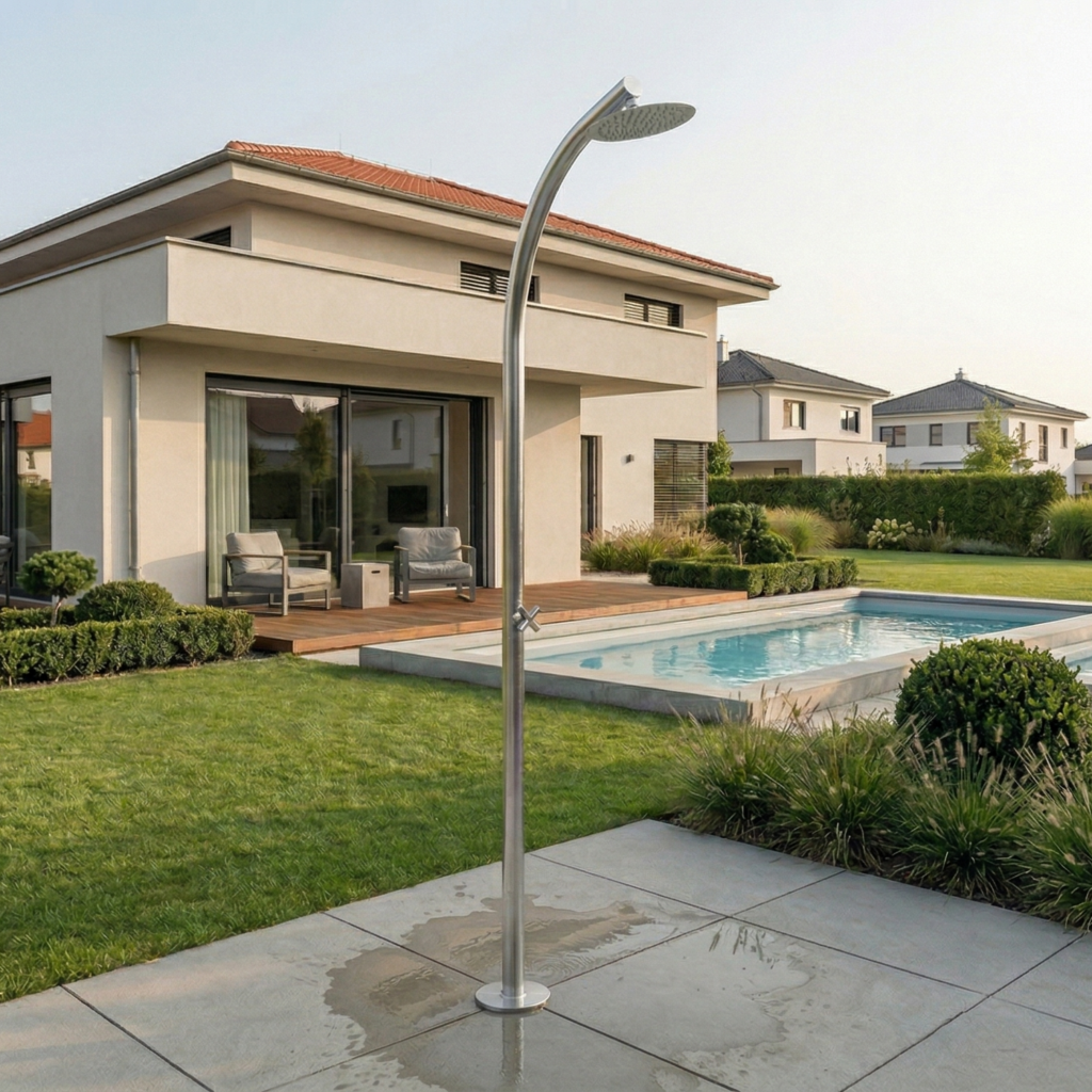 Zahradní nerezová sprcha Hera RAIN s dešťovou hlavicí  v broušeném povrchu